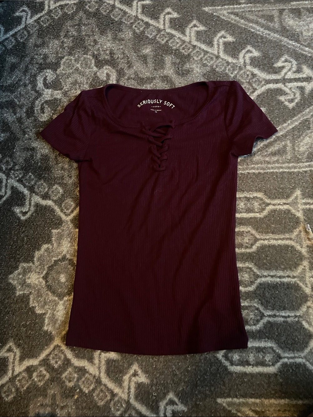 Burgundy Lace-Up Ribbed Top - XS